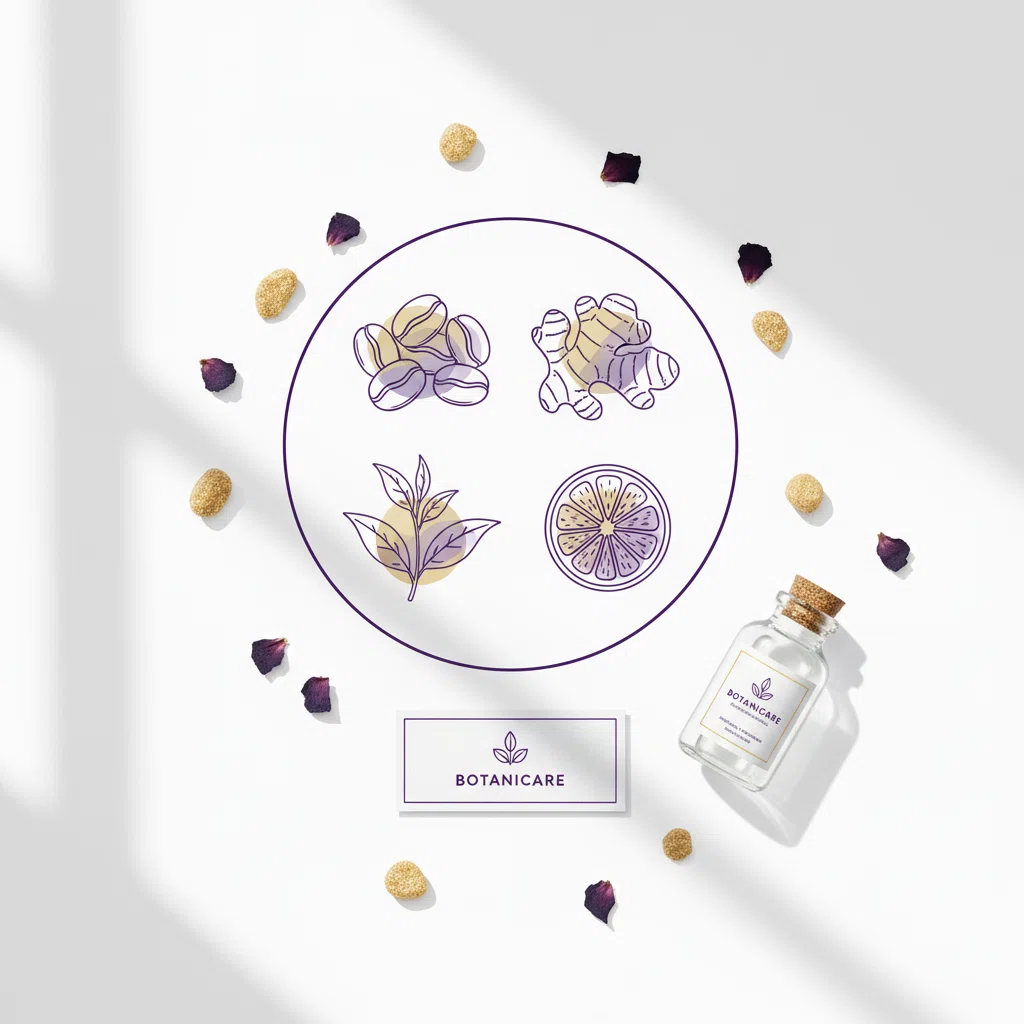 Botanical circle illustration of four plant ingredients: coffee bean, ginger root, green tea leaf and lemon slice