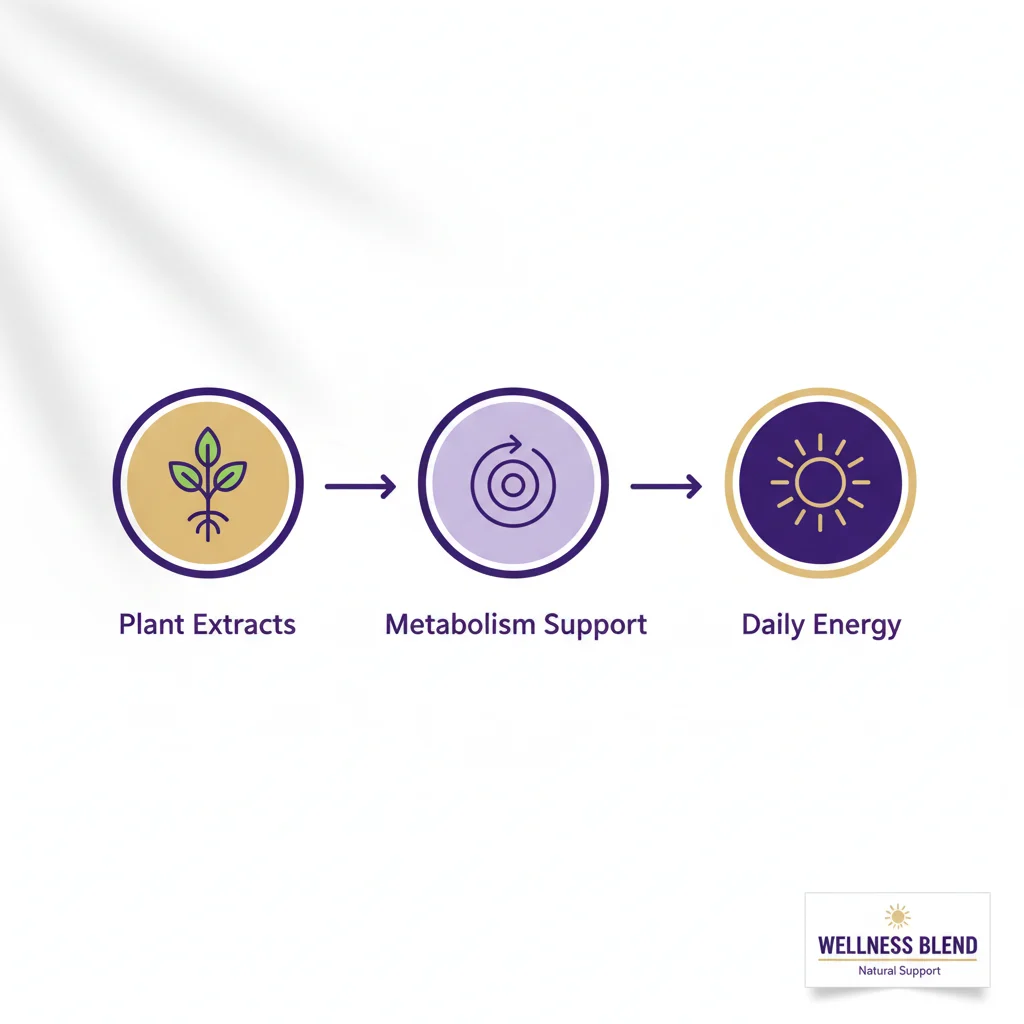 Three-stage infographic: Plant Extracts, Metabolism Support, Daily Energy, connected by arrows on a white background