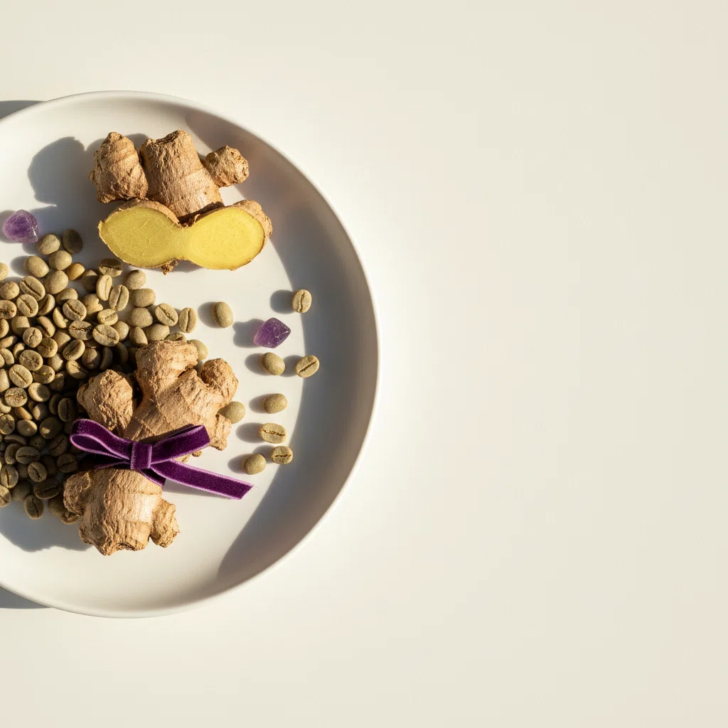 Fresh green coffee beans and dried ginger root on a white ceramic plate, botanical styling